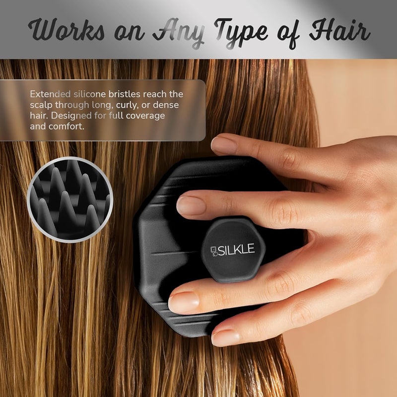 SILKLE Scalp Massager Shampoo Brush – Silicone Scalp Scrubber for Hair Growth & Dandruff Removal, One-Piece, Non-Slip Handle, Soft Bristles, Wet/Dry Shower Scalp Exfoliator for All Hair Types – Black - Image 3